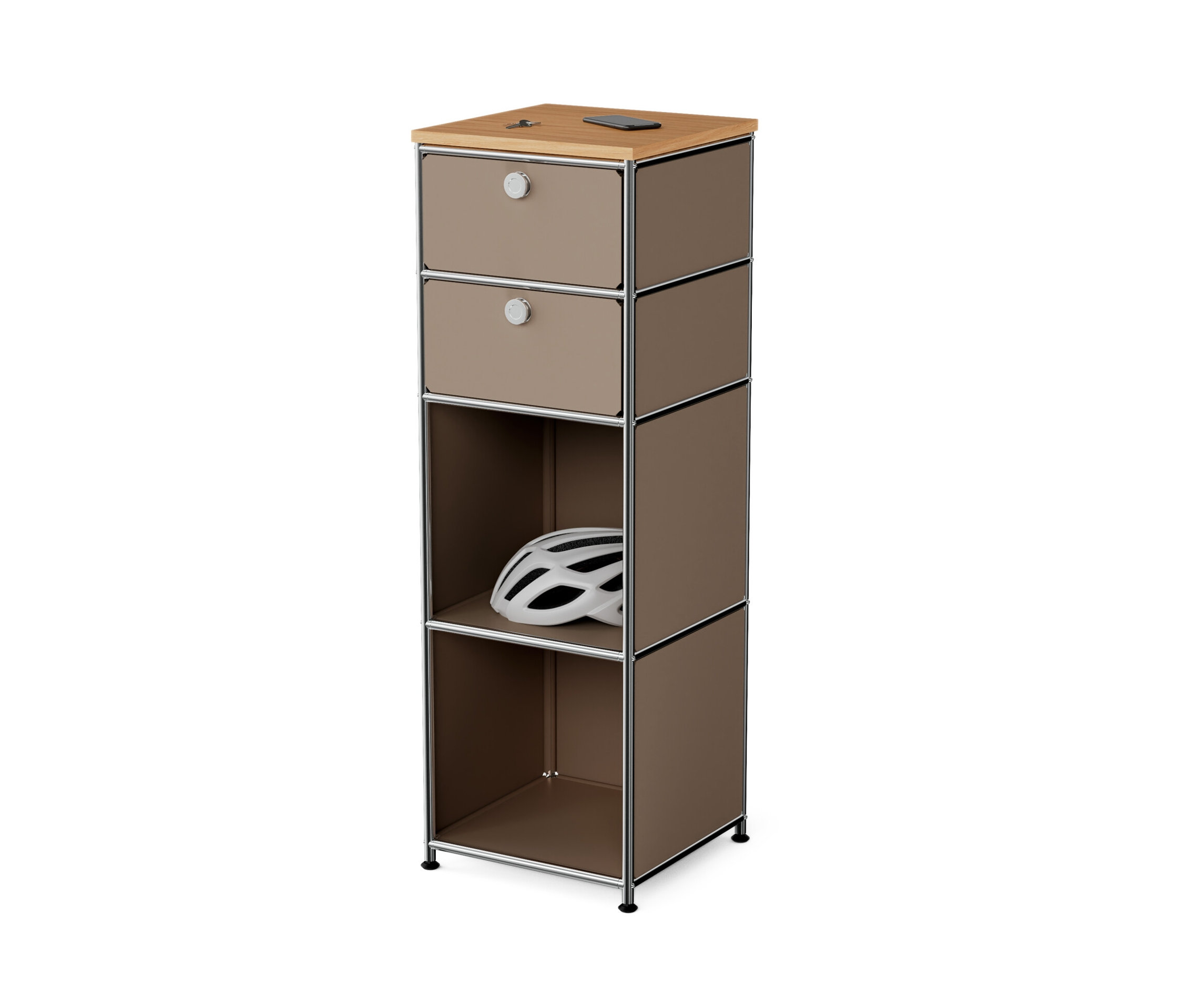 Tchibo - Schmale Kommode Metall »Cn3« mit Holzplatte und 2 Schubladen - 40,5x40,5x123,5cm - taupe - Stahl / Aluminium / Kunststoff
