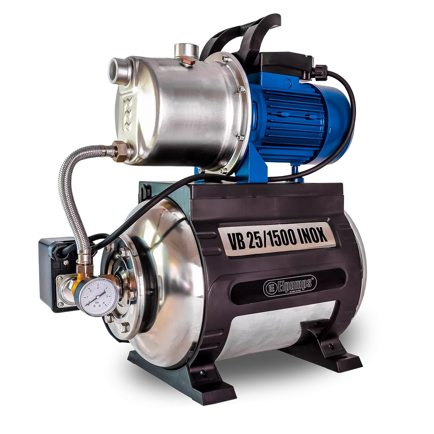VB 25/1500 INOX Domestic waterwork, with INOX steel impeller, casing and pressure tank, 1500 W, 6.300 l/h, 4,8 bar, 25 L
