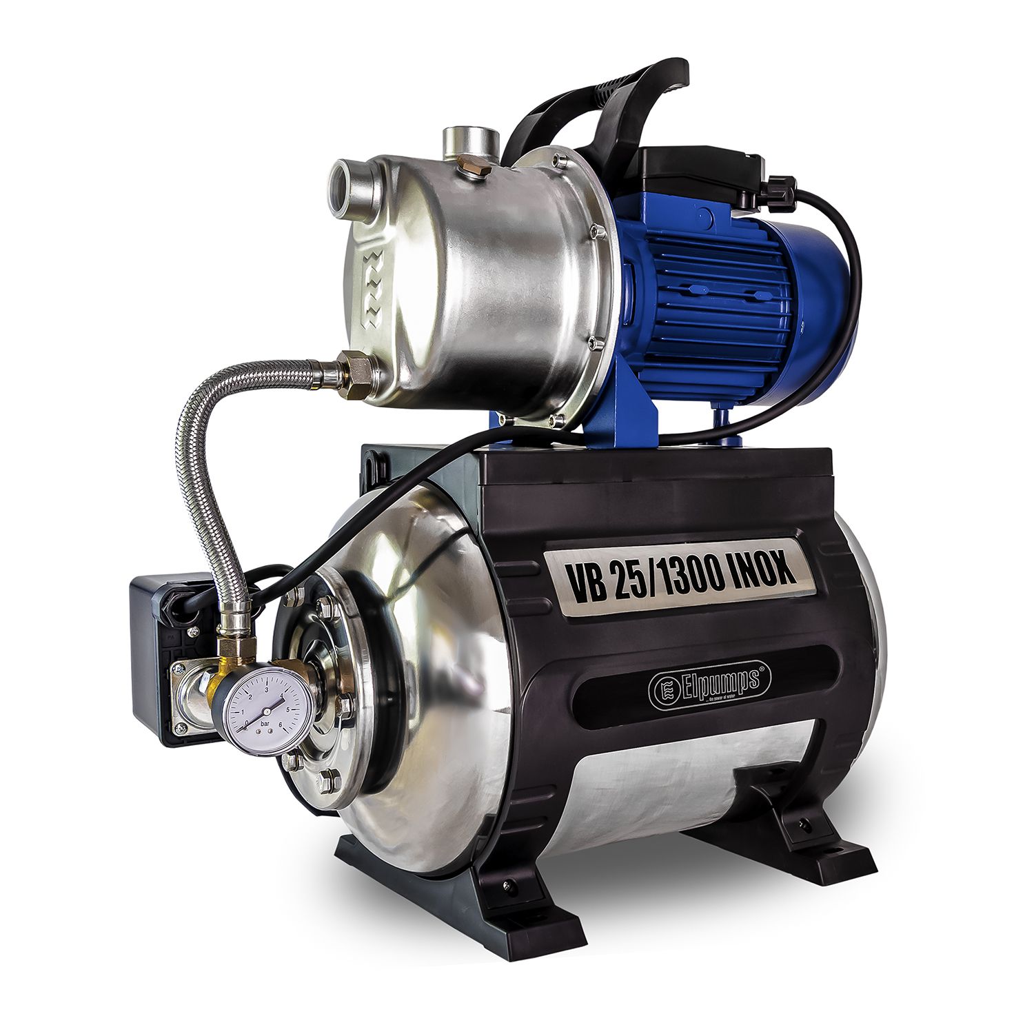 VB 25/1300 INOX Domestic waterwork, with INOX steel impeller, casing and pressure tank, 1300 W, 5.400 l/h, 4,8 bar, 25 L
