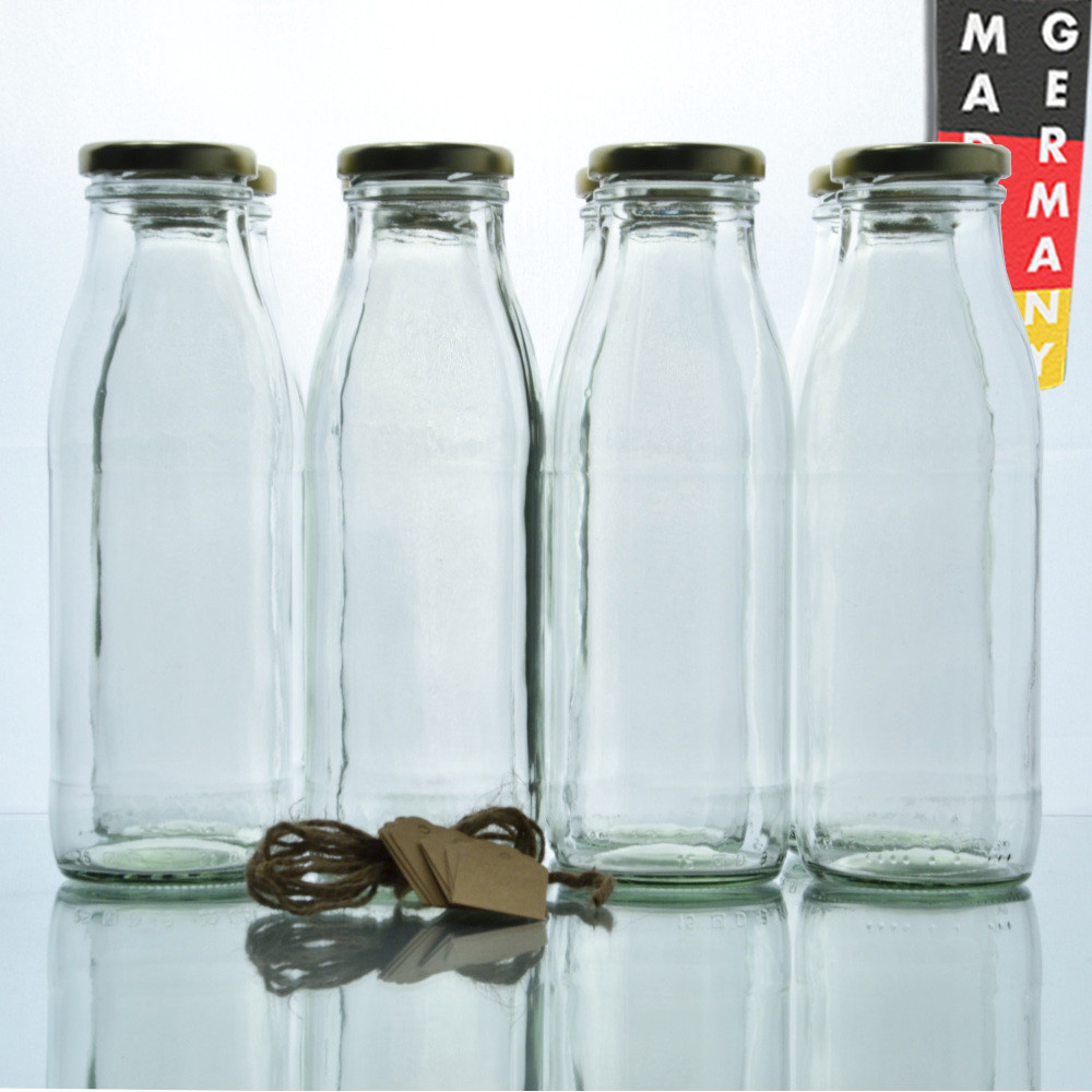 8er Set Milchflasche 500 ml inkl. TO-Verschlüsse in Gold und Etiketten - Milchflaschen, Saftflaschen, Weithalsflaschen