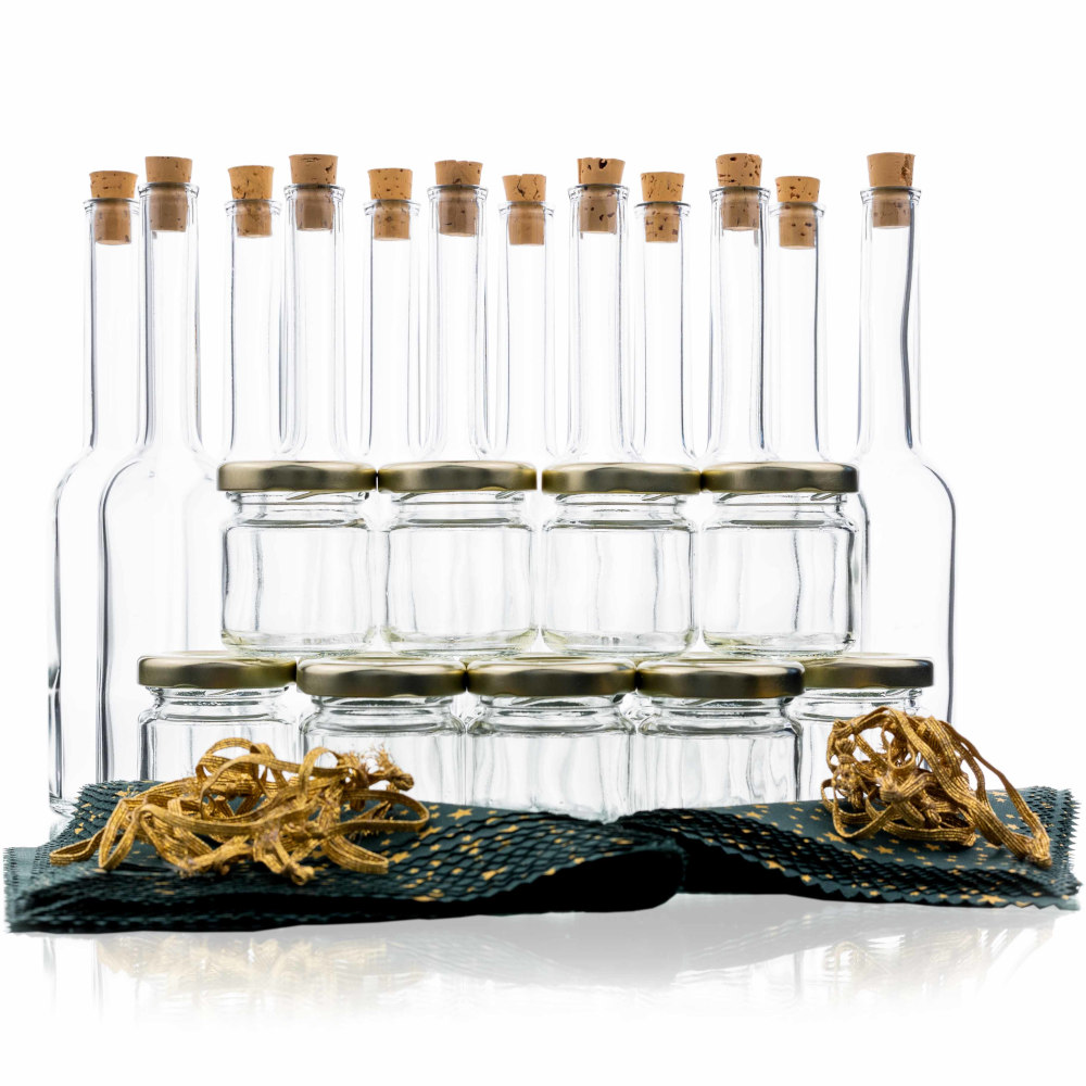Adventskalender Set 12 x Konservenglas 53 ml 12 x Opera-Flasche 100 ml mit Deko-Zubehör