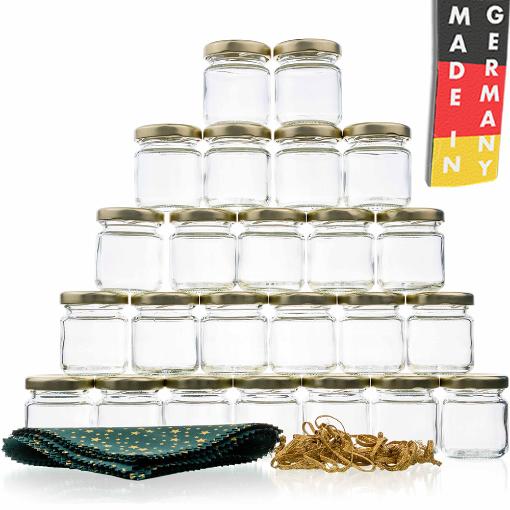 Gläschen-Adventskalender - 24 x Konservenglas 53 ml mit Verschlüssen und Deko-Zubehör - Einmachglas - Marmeladenglas - Einmachgläser - Marmeladengläser