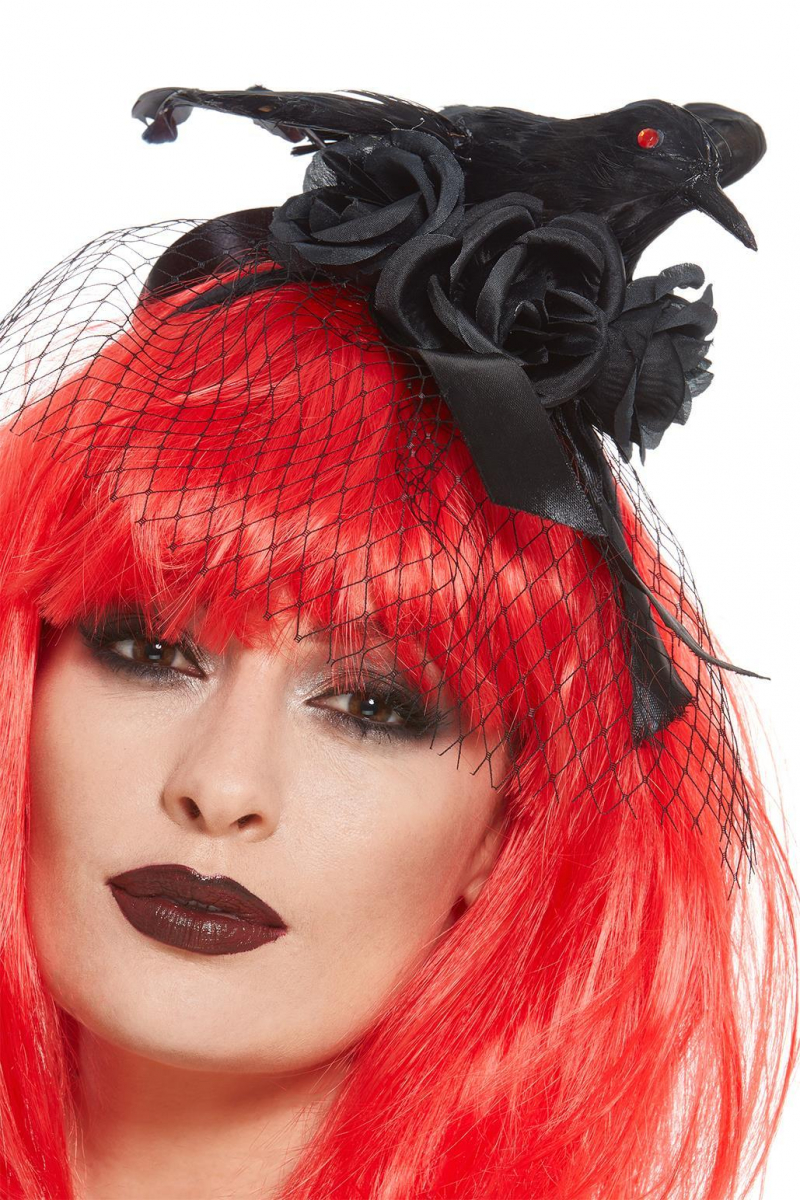 Krähen Haarreif mit Schleier & schwarzen Rosen