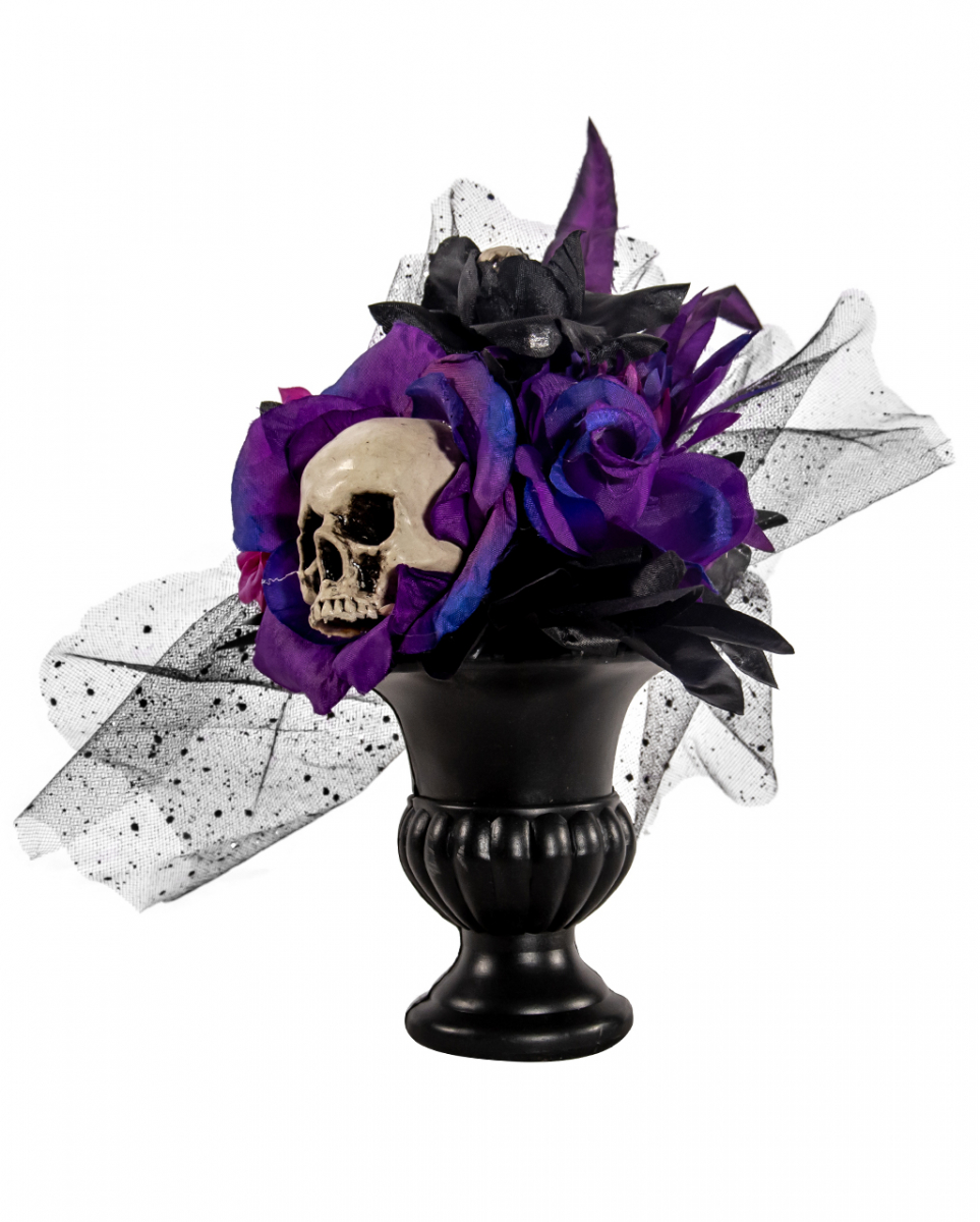 Gothic Blumengesteck mit Violett-Schwarzen Rosen & Totenkopf 30cm