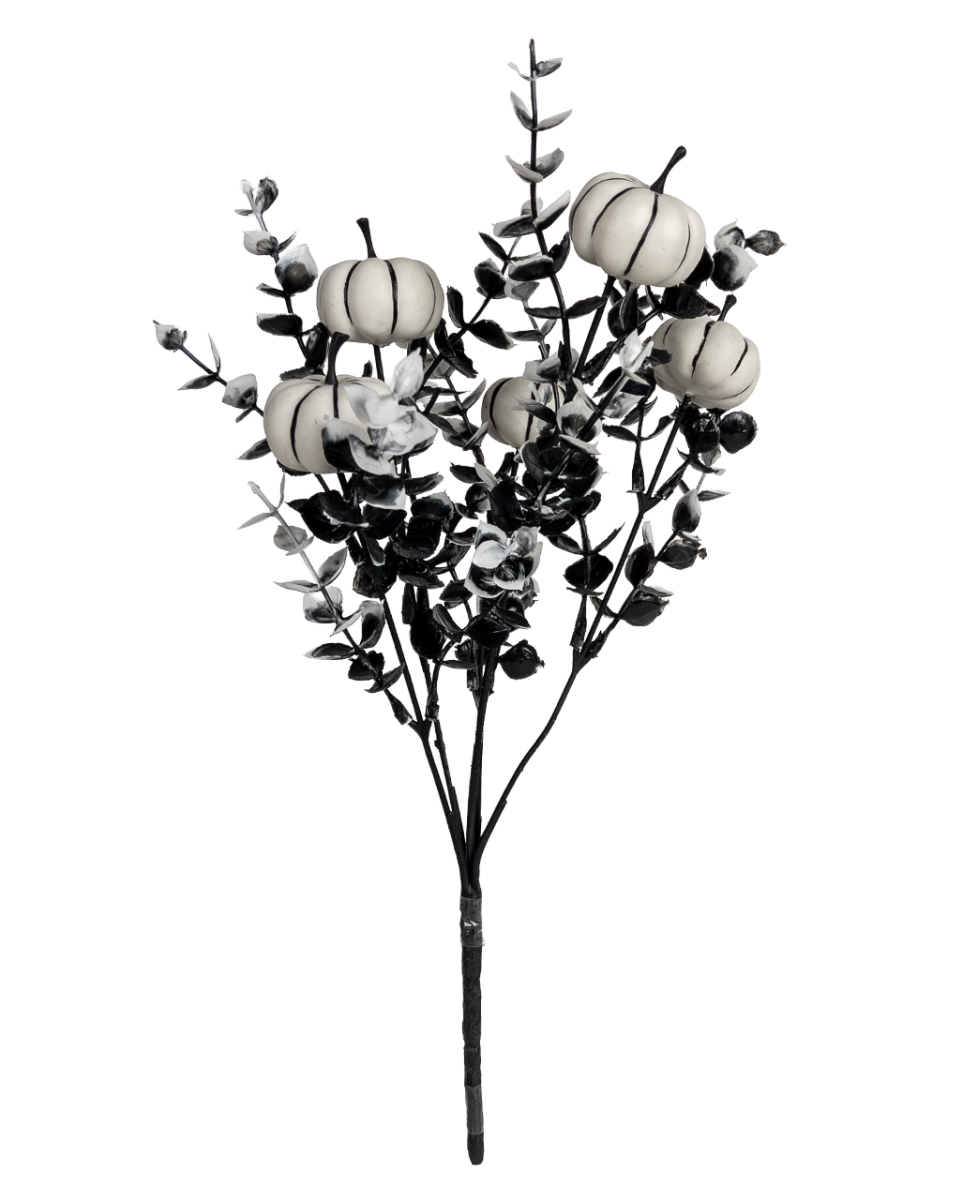 Schwarzer Halloween Zweig mit weißen Kürbissen 30cm