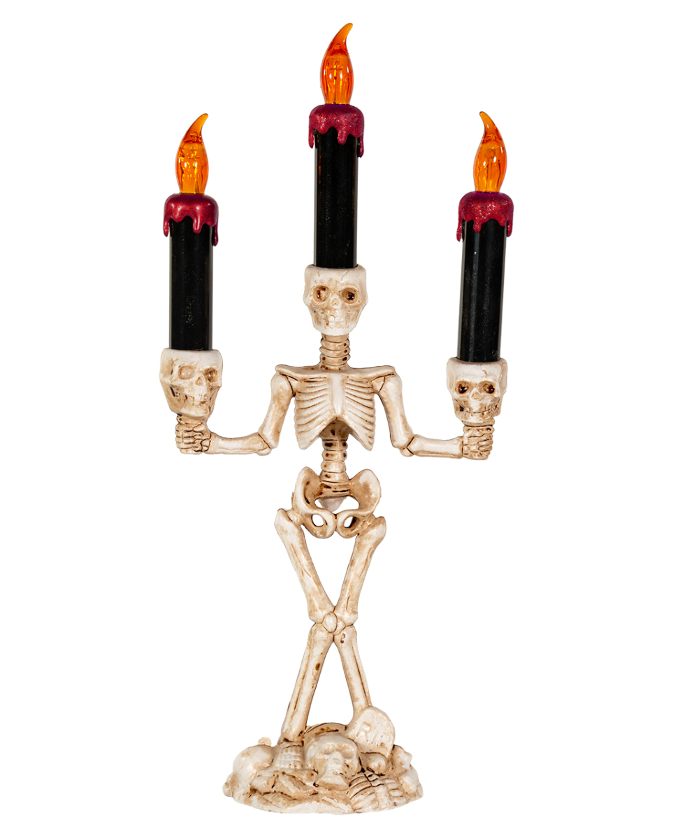 Skelett-Kerzenständer mit 3 leuchtenden Kerzen