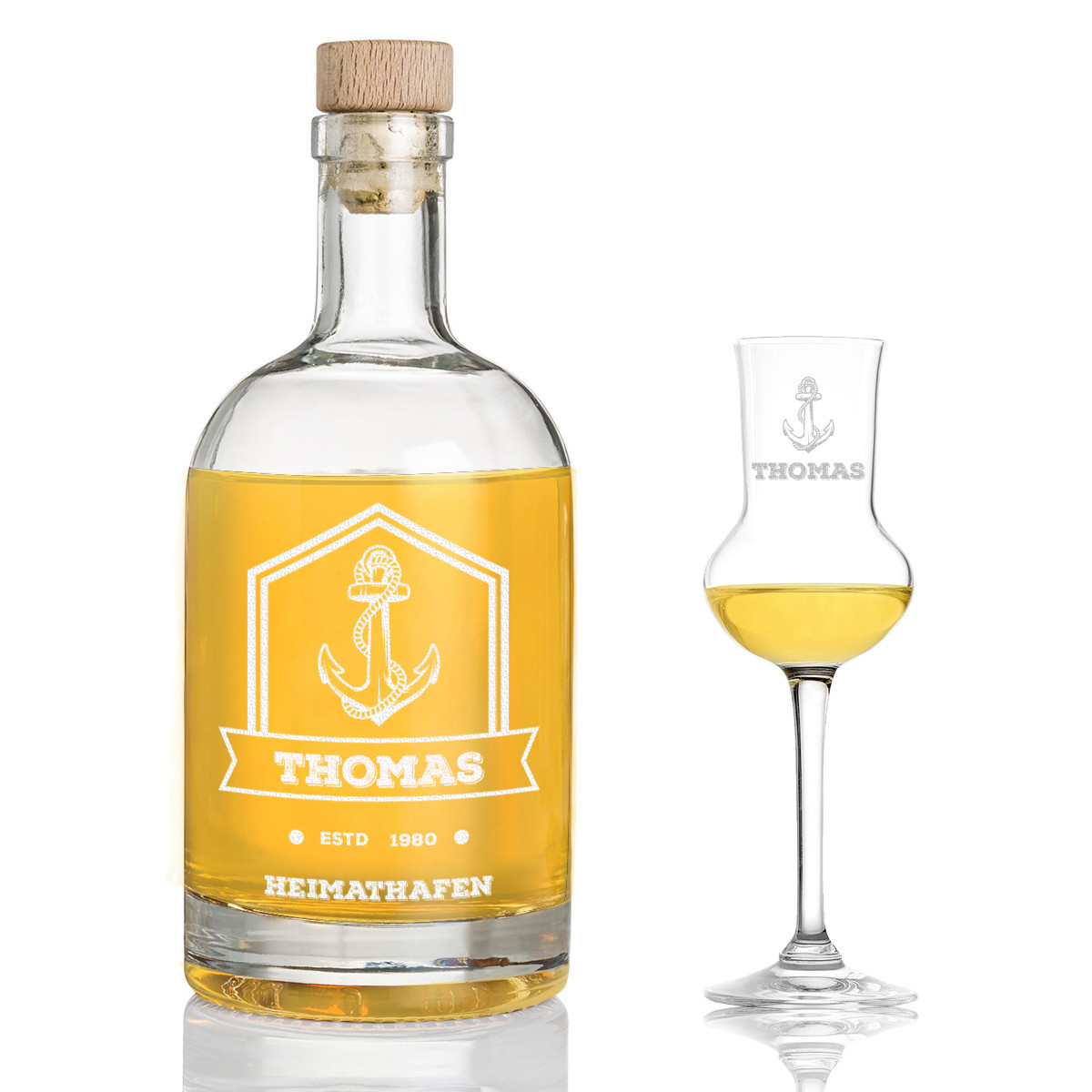 2-tlg. Lik?r Geschenkset Flasche 1x Glas mit Wunschgravur