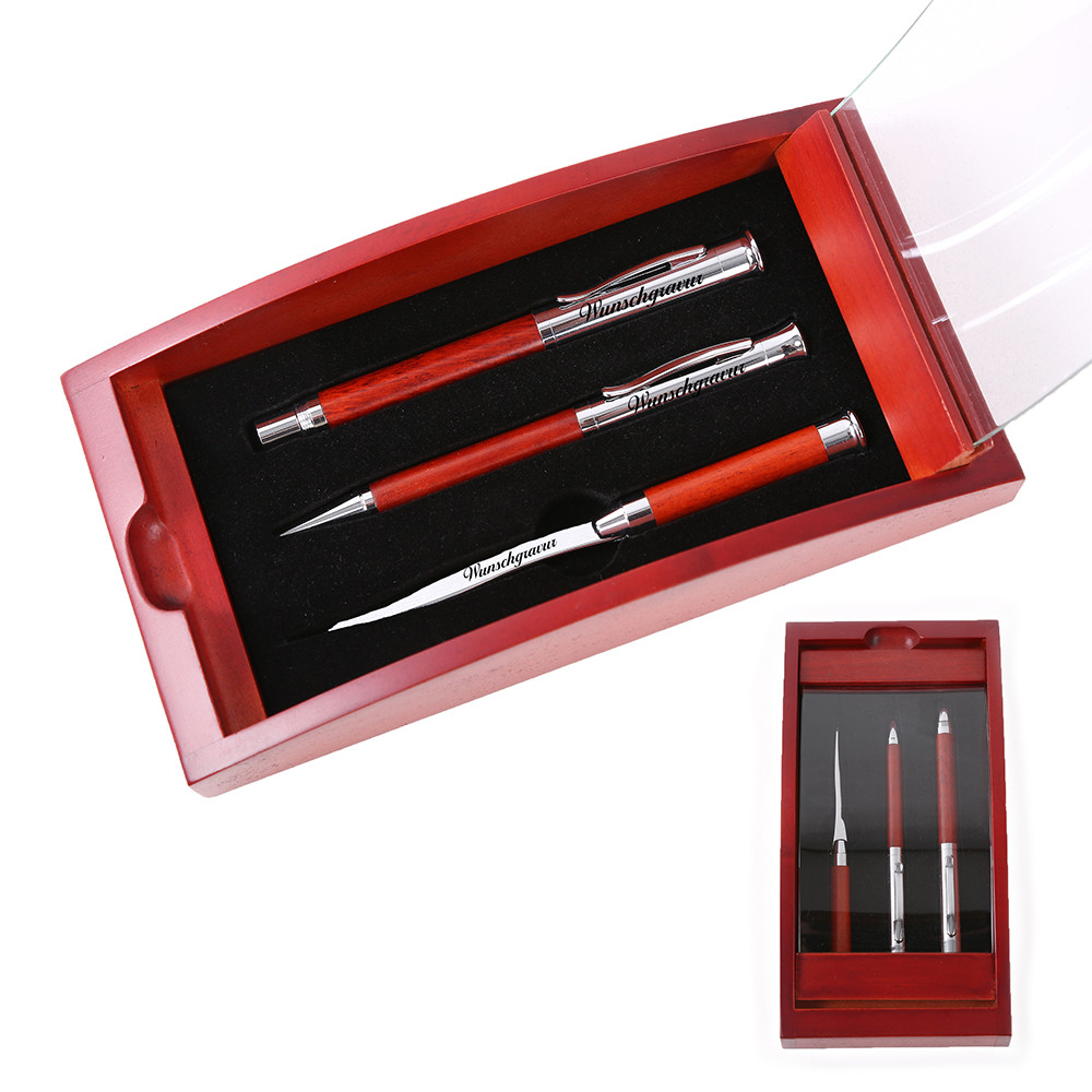 Schreibset Borkum inkl. Gravur mit Geschenkbox aus Holz / Glas