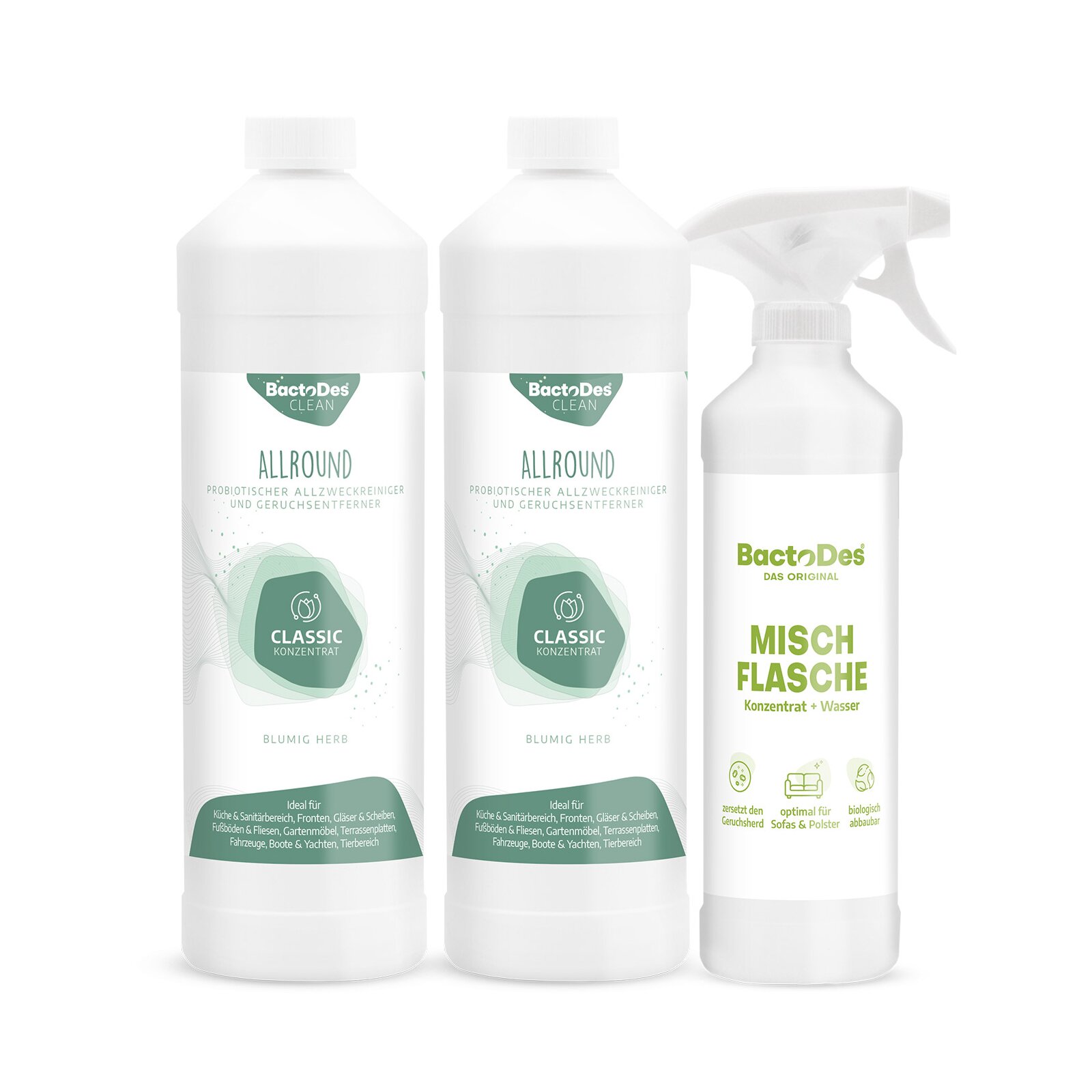 BactoDes® Clean Allround - Classic 2x1 Liter Set inkl. 1 Misch- und Sprühflasche