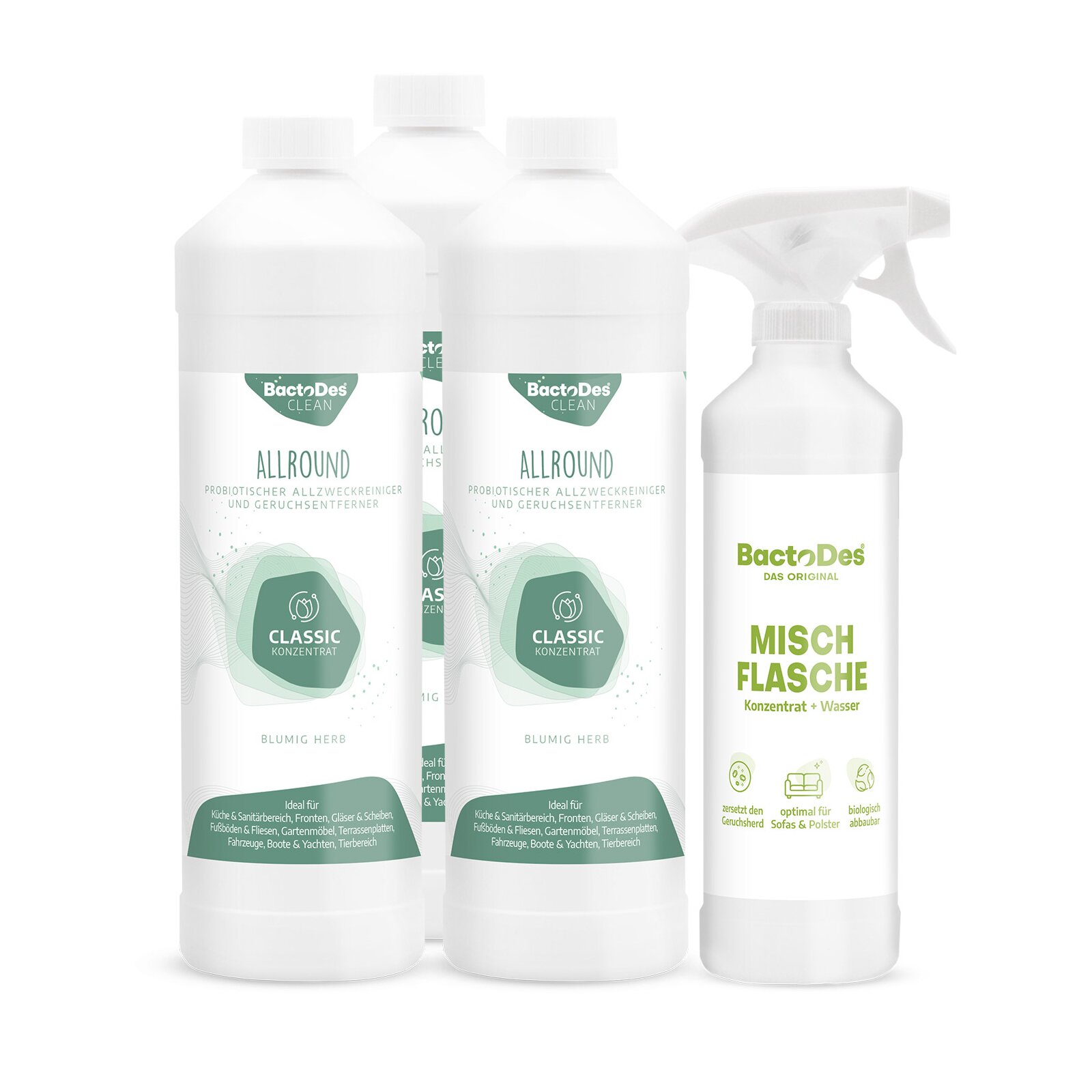 BactoDes® Clean Allround - Classic 3x1 Liter Set inkl. 1 Misch und Sprühflasche