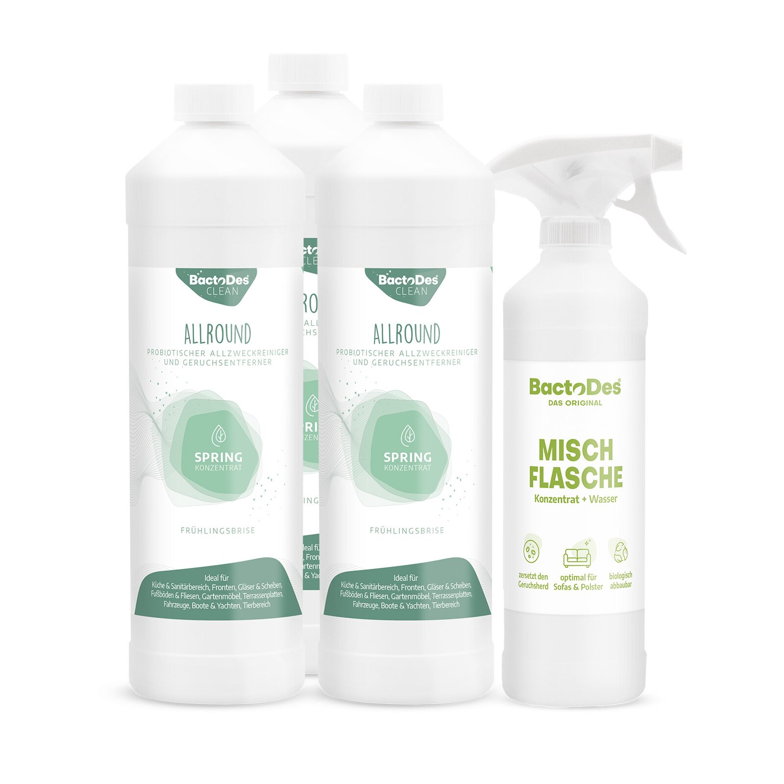 BactoDes® Clean Allround - Spring 3x1 Liter Set inkl. 1 Misch- und Sprühflasche