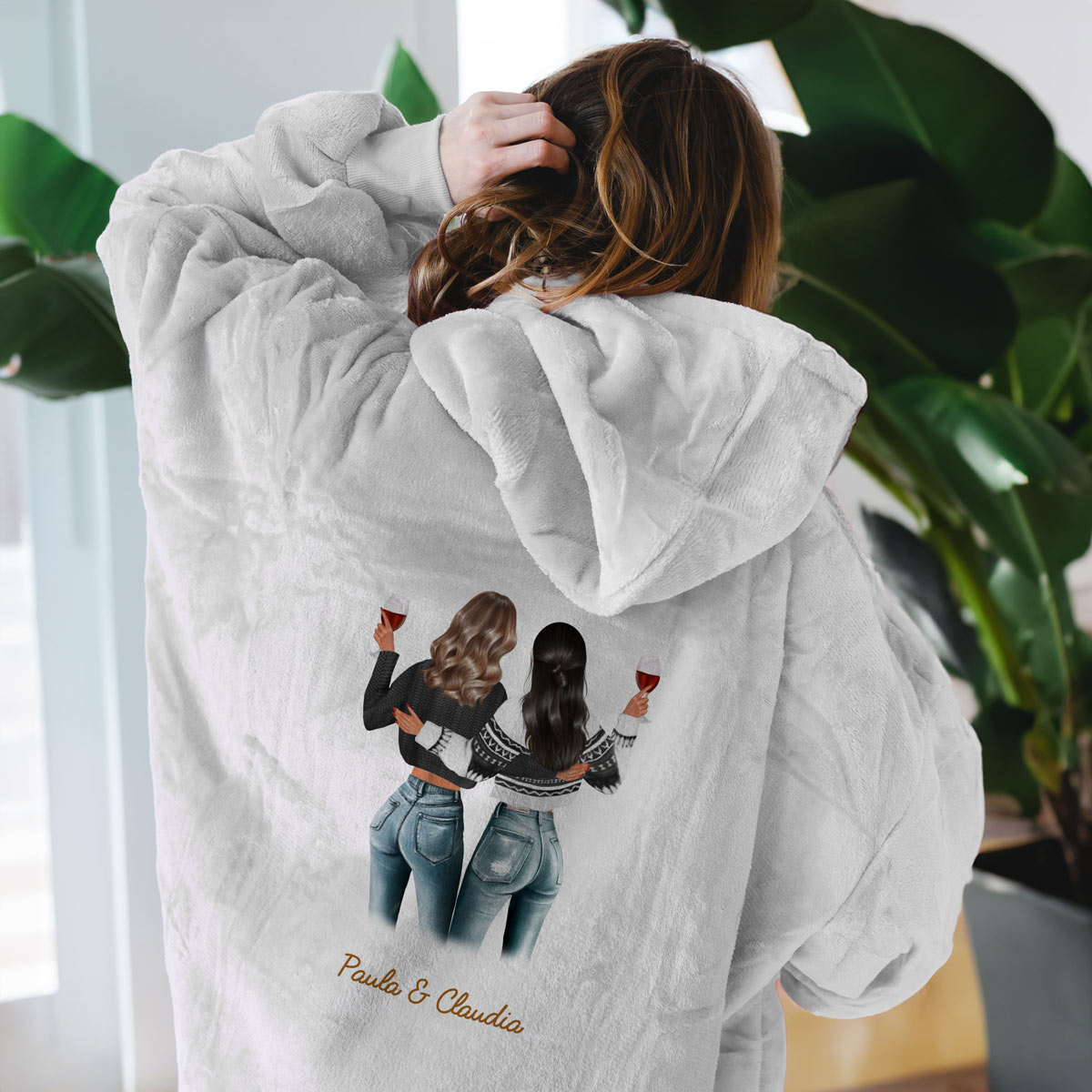 Personalisierbare Hoodie Decken-Illustration zwei Freundinnen, Weihnachtsgeschenk, Witzige Geschenke, Kleine Geschenke, Geschenk, Geschenkidee