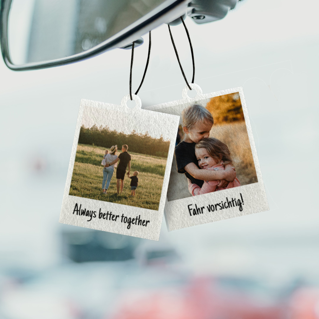 Personalisierbarer Duftbaum 2er Set im Polaroid-Look, Weihnachtsgeschenk, Fotogeschenk, Geburtstagsgeschenk, Geschenke für Frauen, Geschenke für Freundin, Geschenk für Schwester, Geschenk für Mama, Geschenk für Papa, Witzige Geschenke, Romantische Geschen