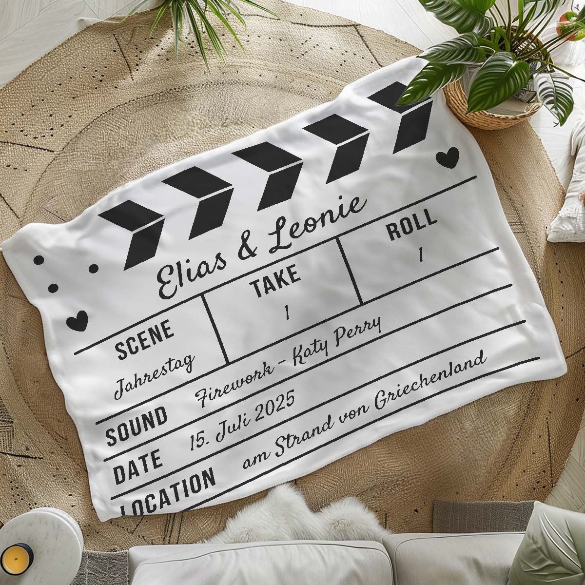 Personalisierbare Decke als Filmklappe, Weihnachtsgeschenk, Geschenke für Frauen, Geschenke für Freundin, Geschenk für Schwester, Romantische Geschenke, Hochzeitsgeschenk, Kleine Geschenke, Geschenk, Geschenkidee