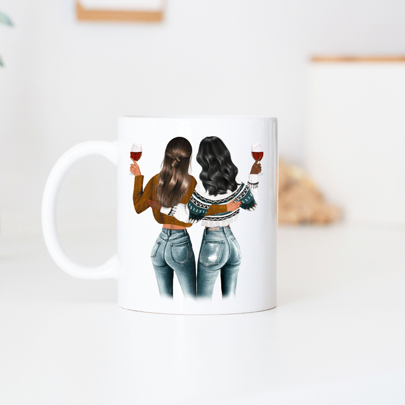 Personalisierbare Tassen-Illustration zwei Freundinnen, Weihnachtsgeschenk, Geschenke für Frauen, Geschenke für Freundin, Geschenk für Schwester, Witzige Geschenke, Kleine Geschenke, Geschenk, Geschenkidee