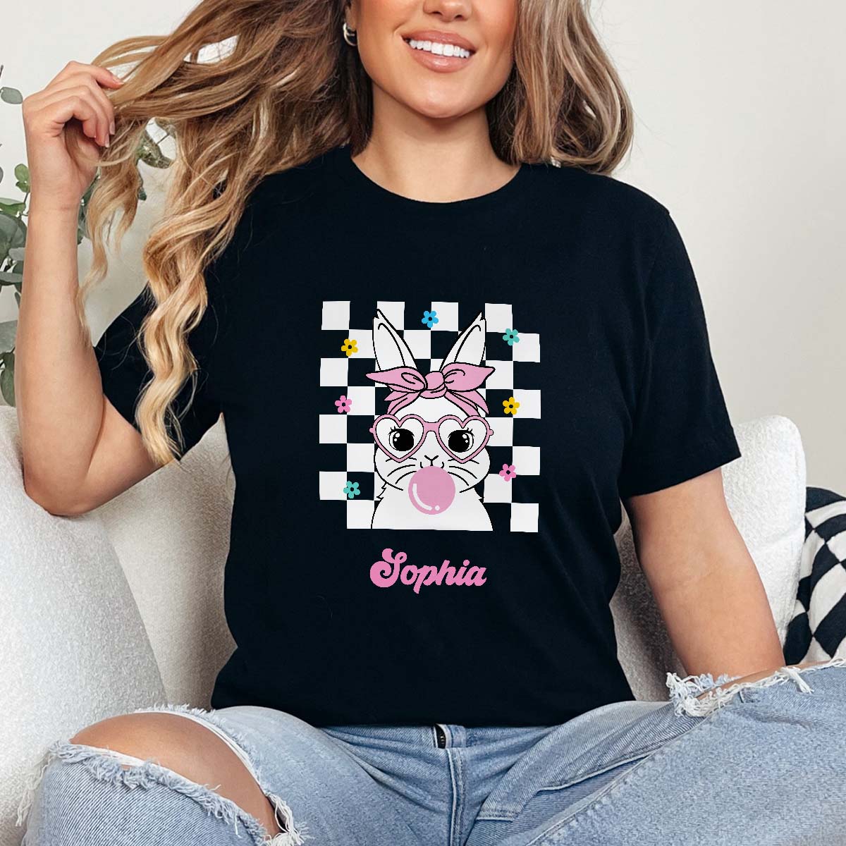 Personalisierbares T-Shirt mit Hase und Namen, Geburtstagsgeschenk, Geschenke für Frauen, Geschenke für Freundin, Geschenk für Schwester, Geschenk für Mama, Witzige Geschenke, Geschenk, Geschenkidee