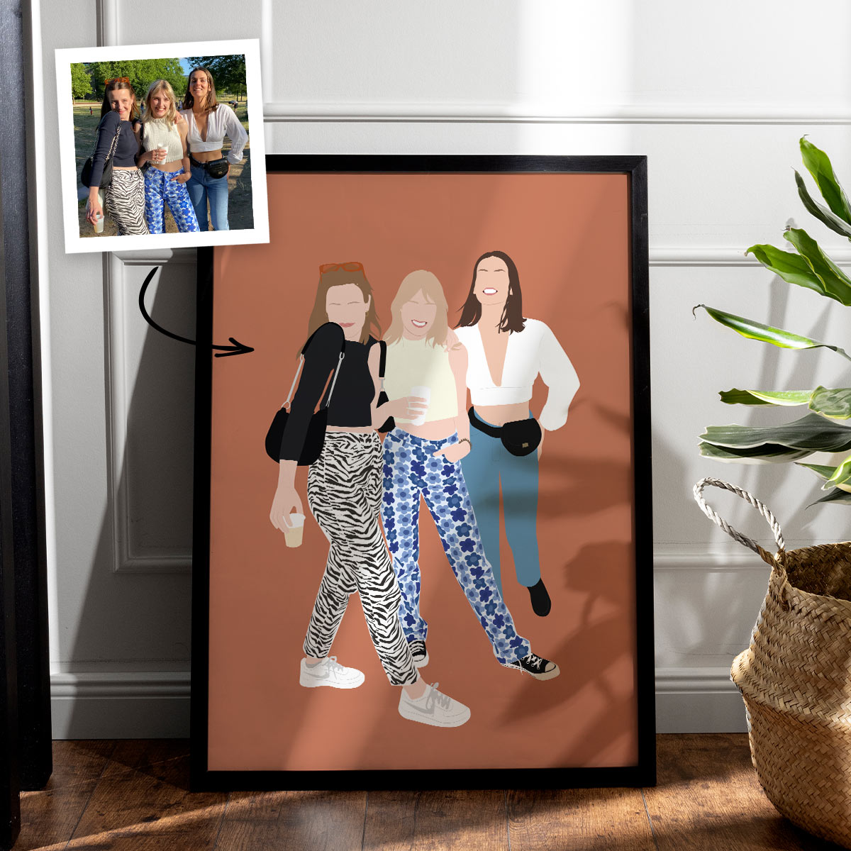 Handgezeichnete Poster Illustration mit 3 Personen, personalisiert, personalisierbar, Fotogeschenk, Geburtstagsgeschenk, Geschenke für Frauen, Geschenke für Freundin, Geschenk für Schwester, Geschenk für Mama, Romantische Geschenke, Hochzeitsgeschenk, Kle
