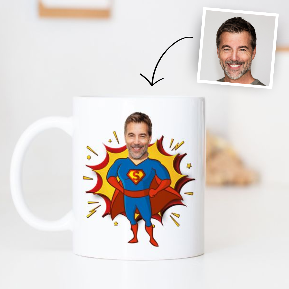 Personalisierbare Superhelden Tasse mit Gesicht, Weihnachtsgeschenk, Fotogeschenk, Geschenke für Frauen, Geschenke für Freundin, Geschenk für Schwester, Geschenk für Mama, Geschenk für Papa, Witzige Geschenke, Romantische Geschenke, Hochzeitsgeschenk, Kle