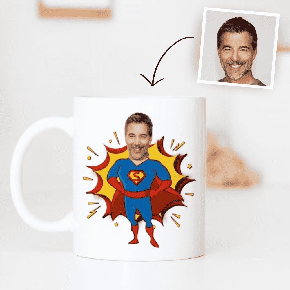 Personalisierbare Superhelden Tasse mit Gesicht, Weihnachtsgeschenk, Fotogeschenk, Geschenke für Frauen, Geschenke für Freundin, Geschenk für Schwester, Geschenk für Mama, Geschenk für Papa, Witzige Geschenke, Romantische Geschenke, Hochzeitsgeschenk, Kle