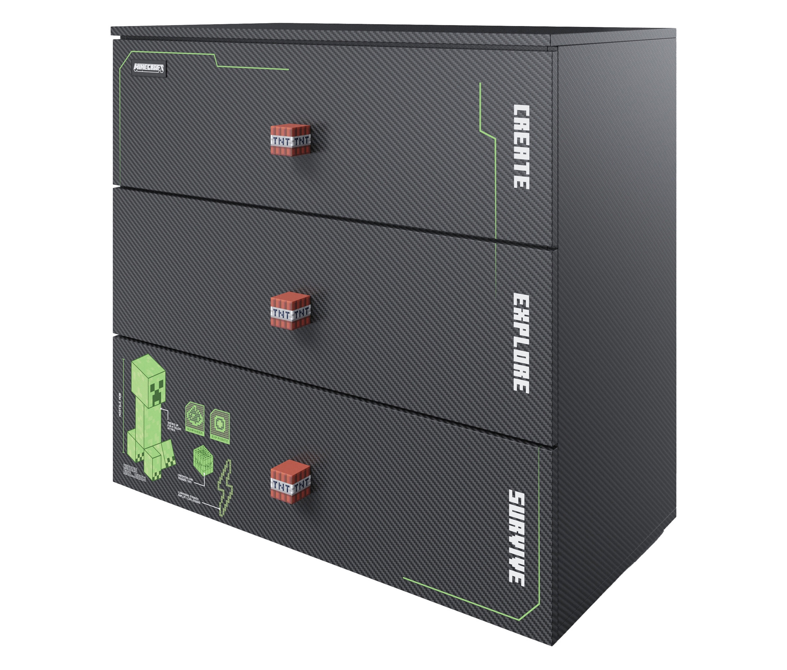 Roba Kommode »Minecraft« mit 3 Schubladen und LED-Beleuchtung - 80x39,5x77,1cm - schwarz -