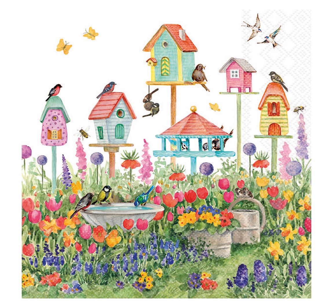 Serviette 'Vogelhäuser im Garten'