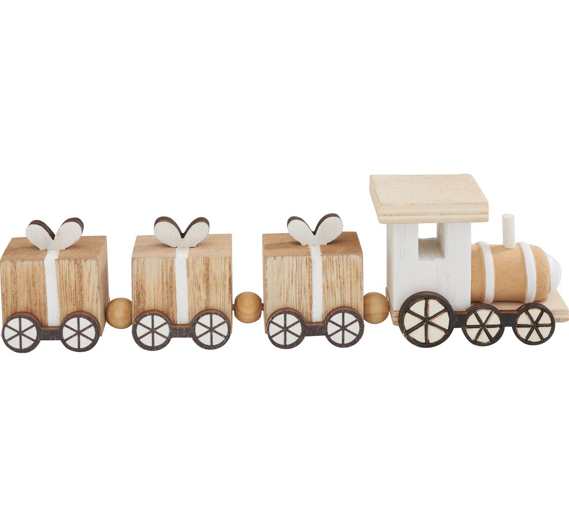 Miniatur Holz-Eisenbahn, mit 3 Geschenke-Waggons - Natur/Weiß