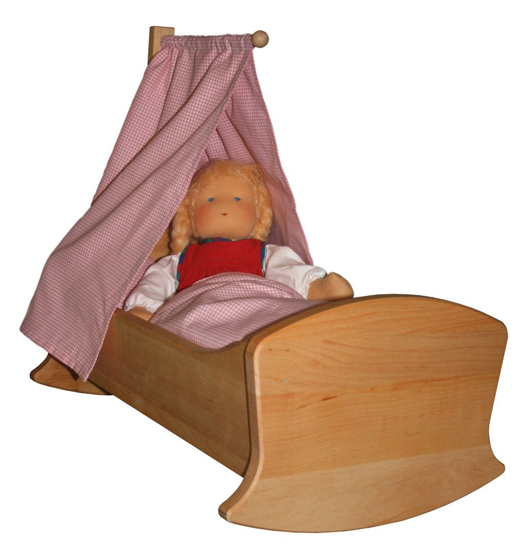 Schöllner Puppenwiege mit Himmel und Bettzeug, Massivholz, spiel gut.