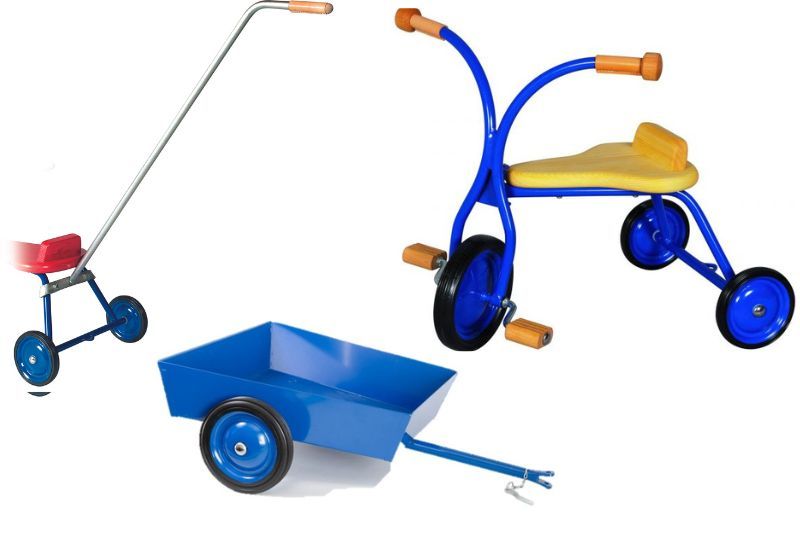Kinderdreirad Metall, Holzsitz 27 cm Sitzhöhe, mit Metall-Anhänger u. Schiebe...