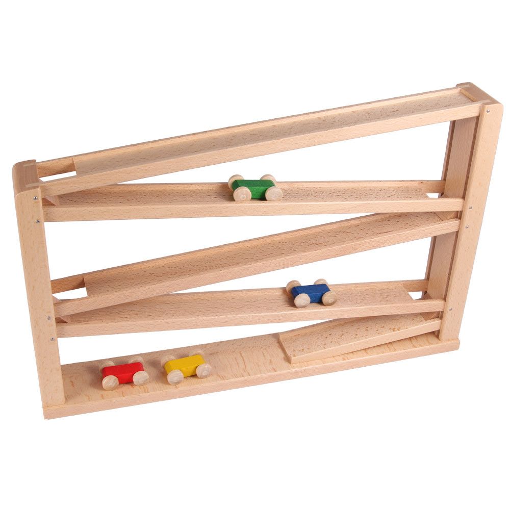 Laufbahn mit 4 Autos, bunt, 'spiel gut', Beck Holzspielzeug.