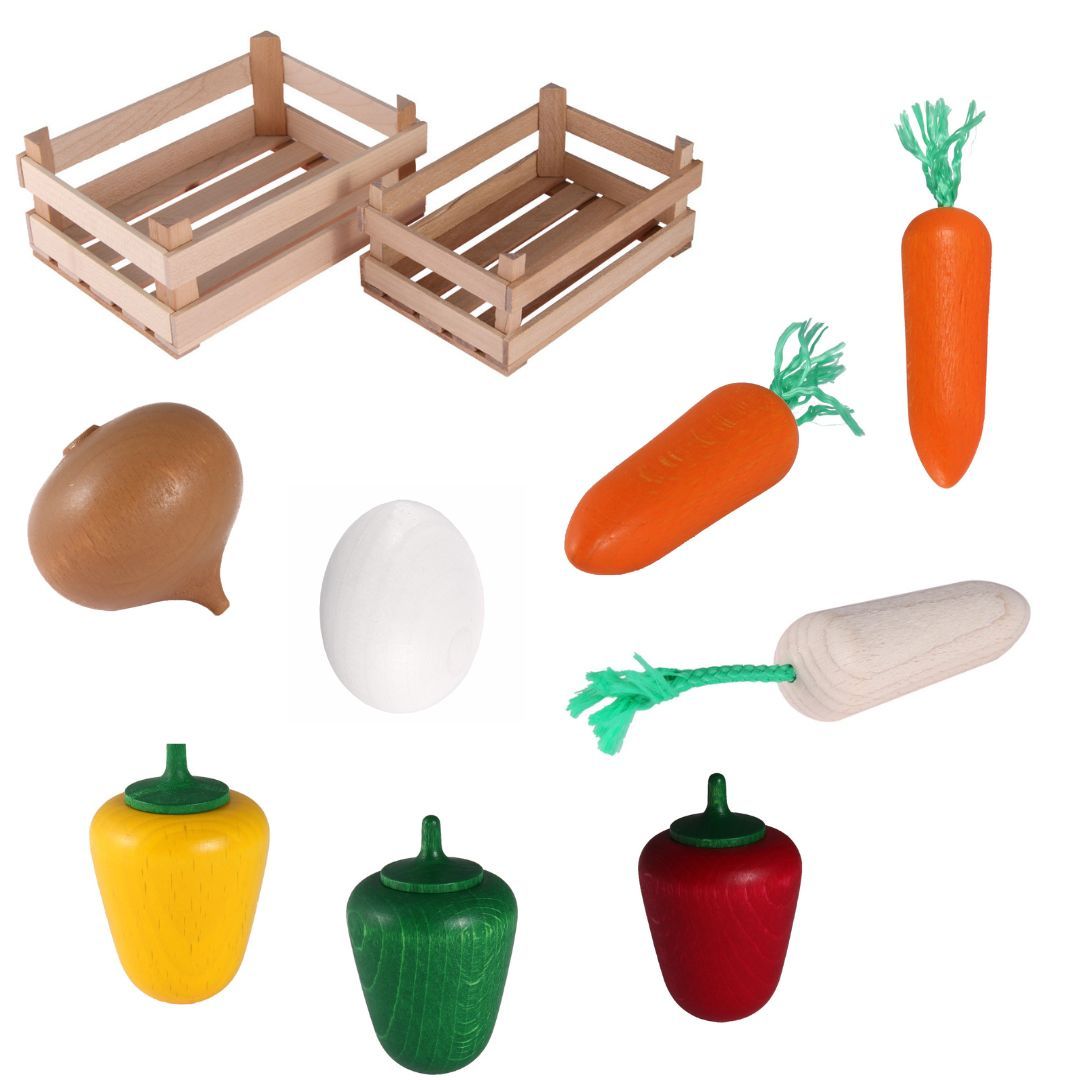 Set Holzgemüse mit Obststeigen, 22 teilig Beck Holzspielzeug.