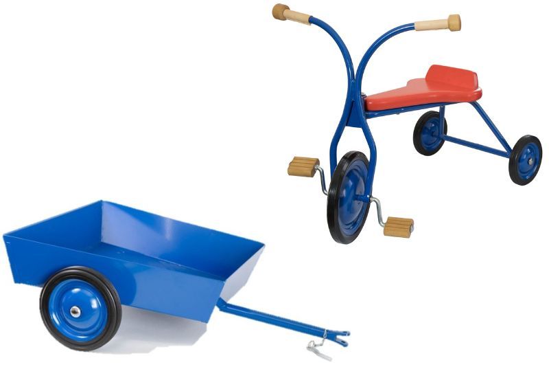 Metall-Kinderdreirad mit Anhänger blau, Sitz rot 32 cm Sitzhöhe, Lautenbach