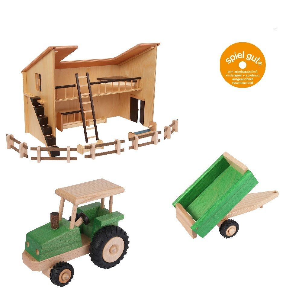 Set Bauernhofspielzeug aus Holz Stall,Traktor,Anhänger, Beck